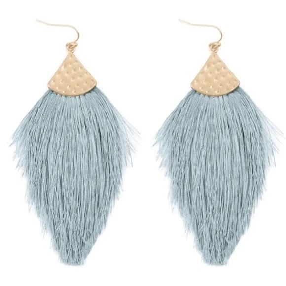 Bohemian Thread Tassel Drop Earrings Light Blue - Picture 2 of 3